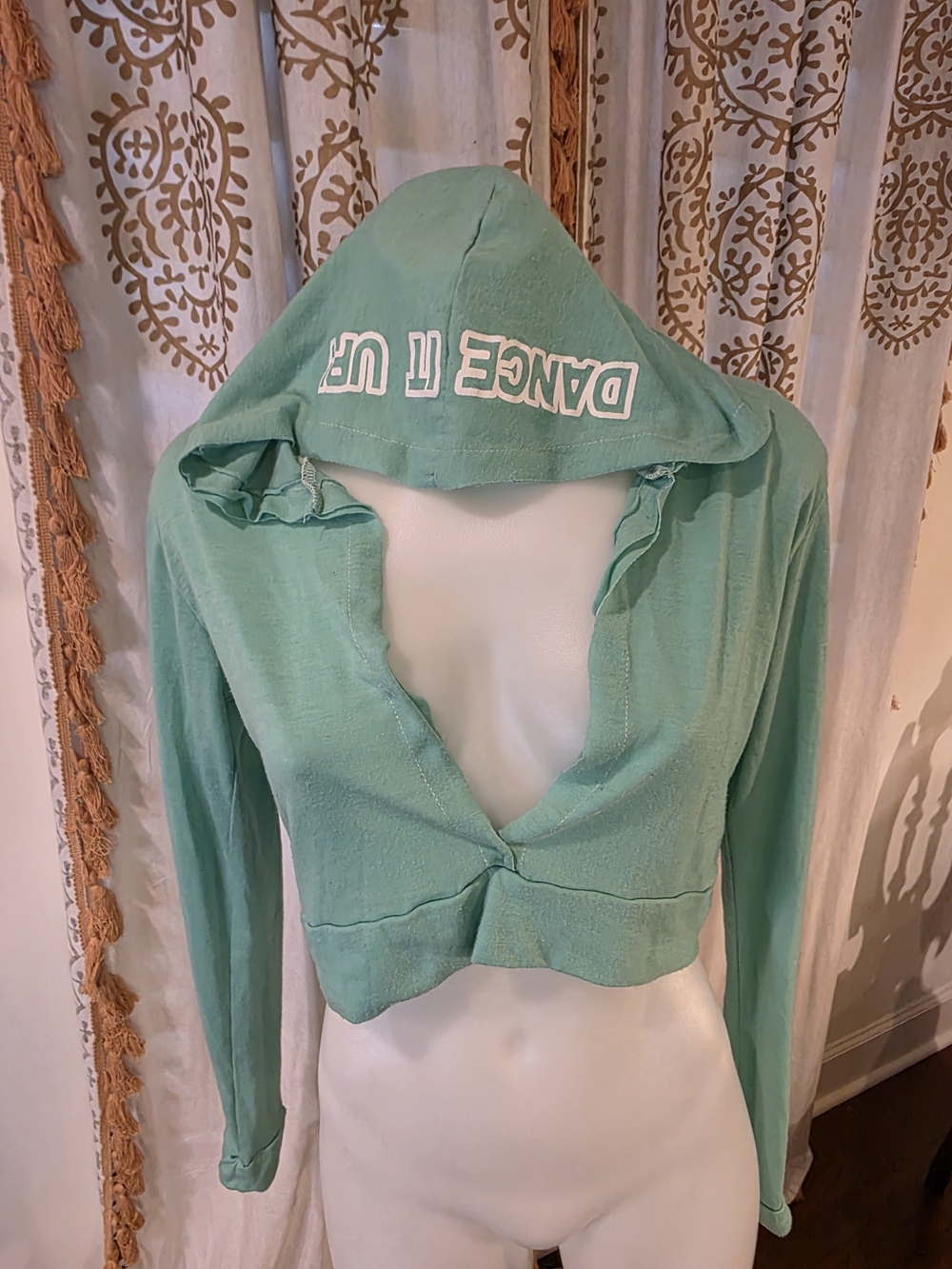 Cropped Hooded Top in Mint Green with 'Dance It Up' Detail